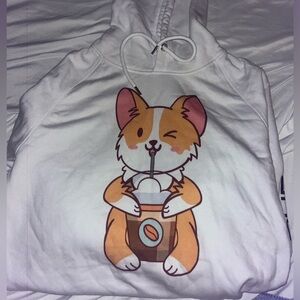 Cute Corgi Drinking Coffee White Graphic Hoodie Sweatshirt XS/S